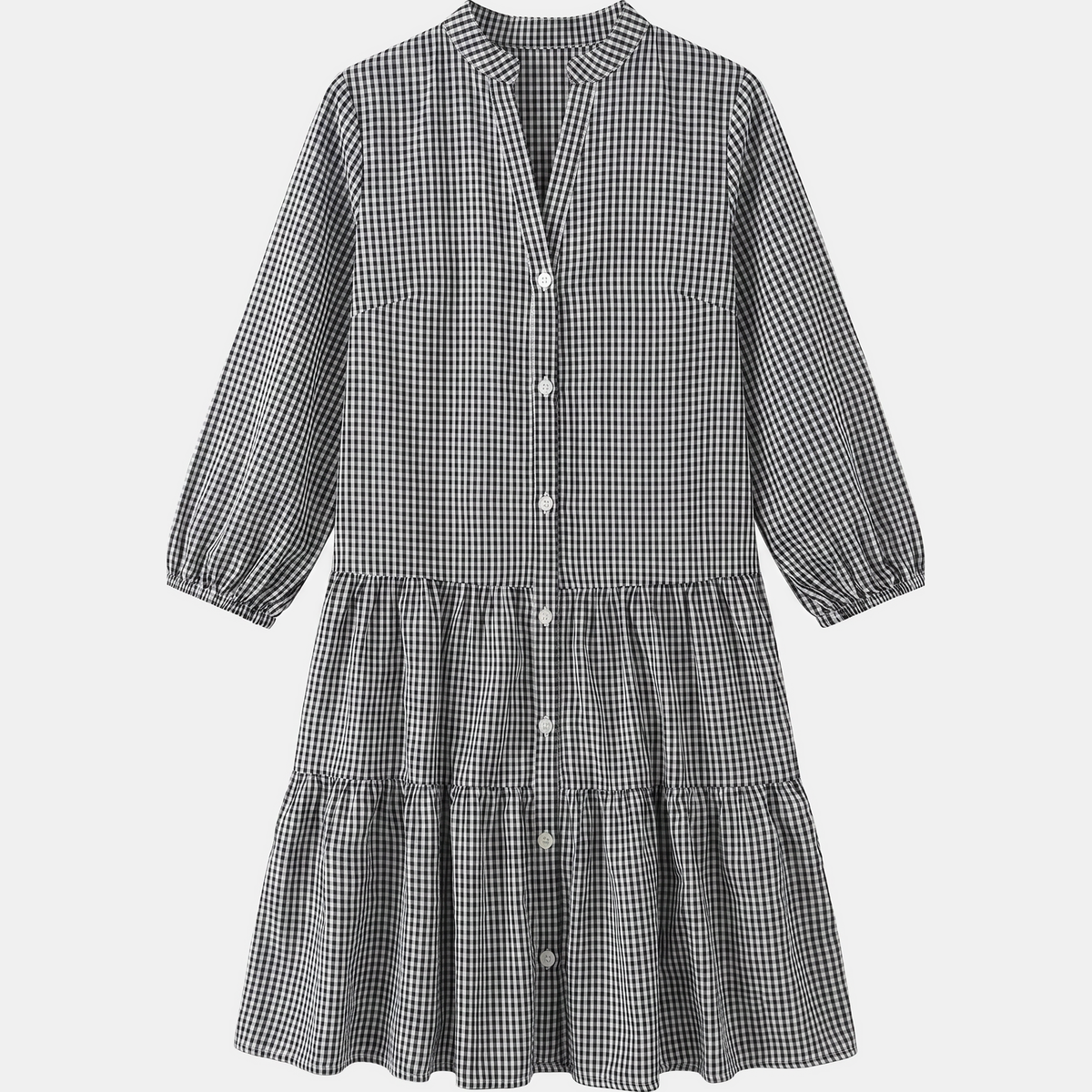 Women's Button Down Plaid 3/4 Puff Sleeve Loose Casual Midi Dress with Pockets