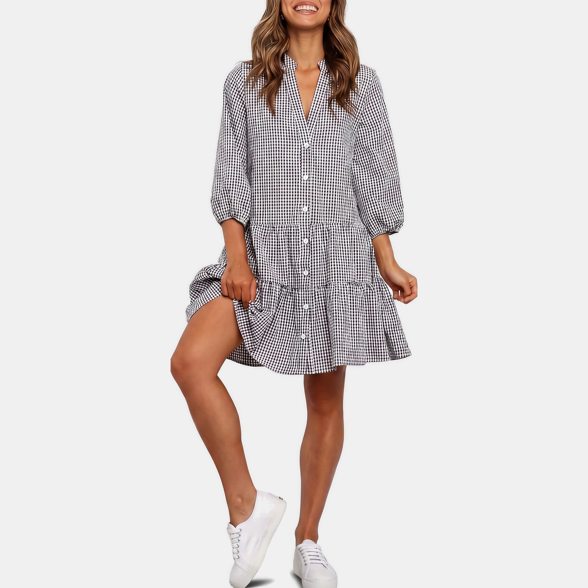 Women's Button Down Plaid 3/4 Puff Sleeve Loose Casual Midi Dress with Pockets
