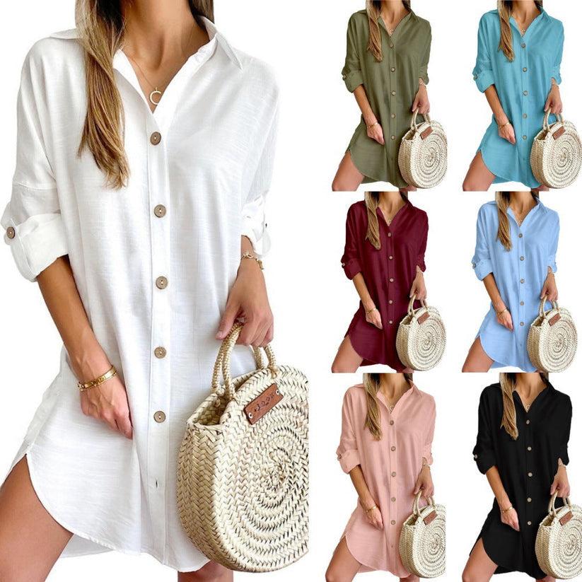 Linen Button Down Casual Shirt Dress