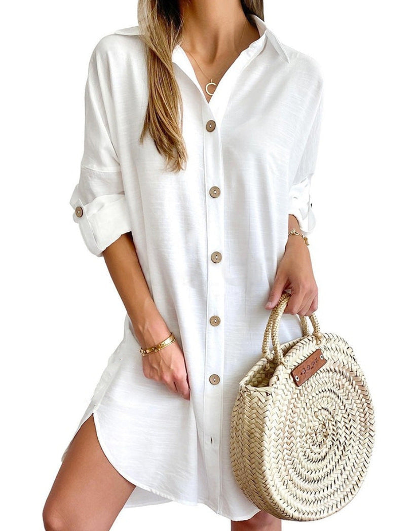 Linen Button Down Casual Shirt Dress