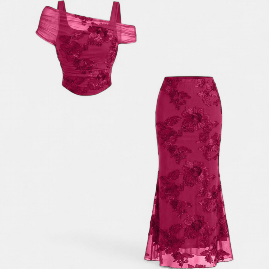 Women's Mesh Embroidered Off Shoulder Mermaid Maxi Dress Set