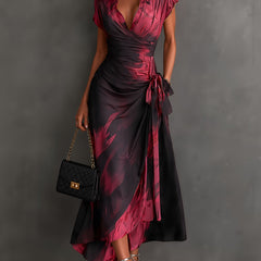 Beatrice | Midi Wrap Dress in Abstract Print, Bordeaux