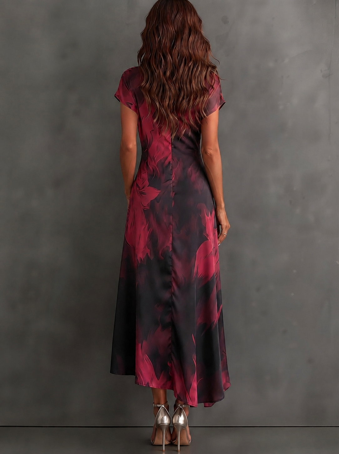 Beatrice | Midi Wrap Dress in Abstract Print, Bordeaux