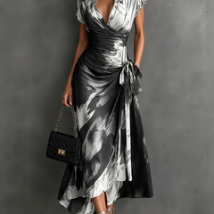 Carlotta | Midi Wrap Dress in Abstract Print, Black and White