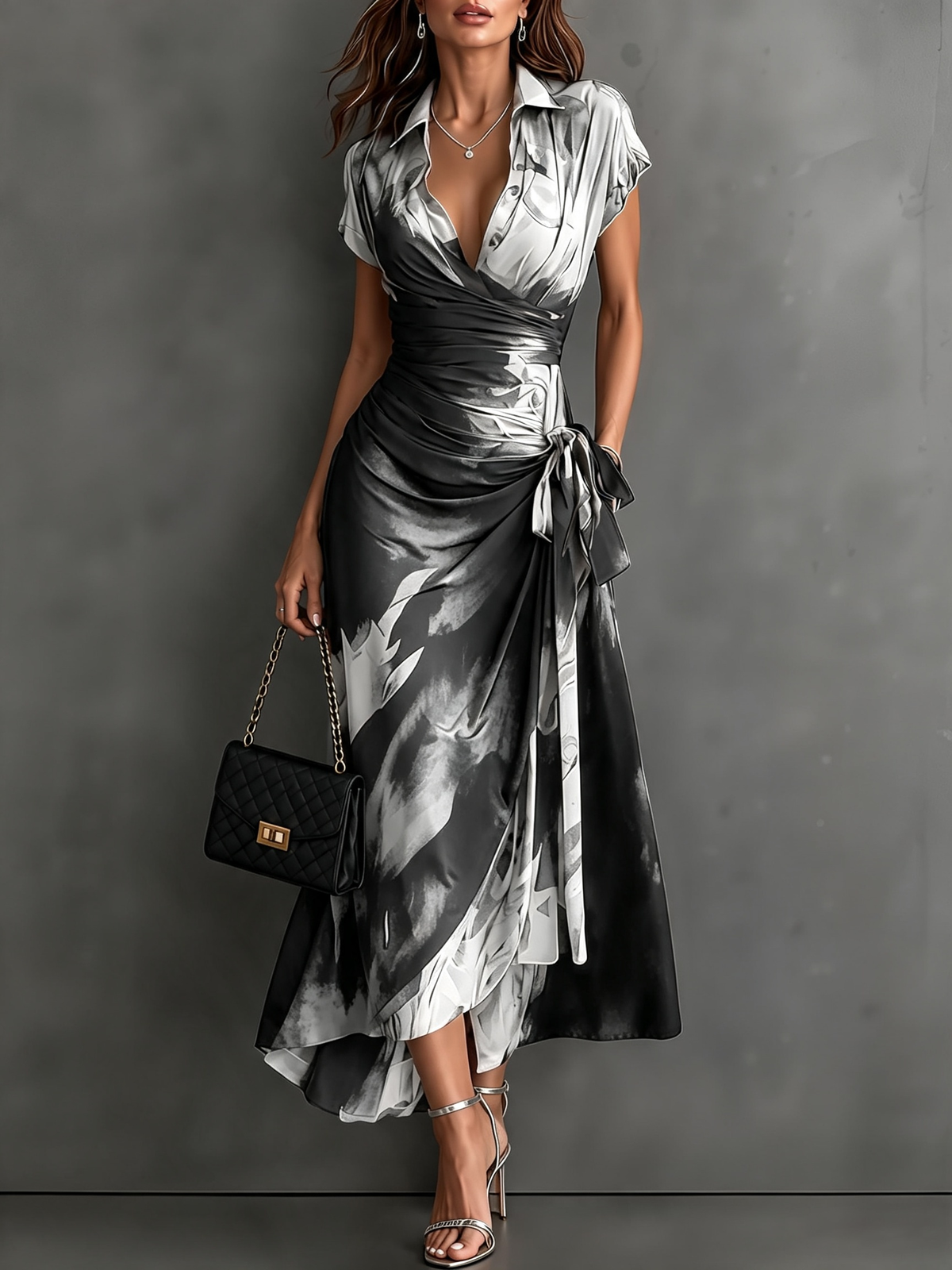 Carlotta | Midi Wrap Dress in Abstract Print, Black and White