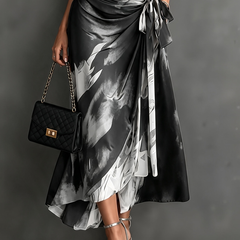 Carlotta | Midi Wrap Dress in Abstract Print, Black and White