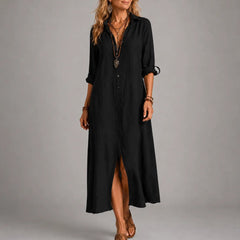 Bohemian Maxi Dress with Black Button-Front Design