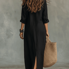 Bohemian Maxi Dress with Black Button-Front Design