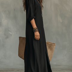 Bohemian Maxi Dress with Black Button-Front Design