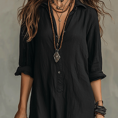 Bohemian Maxi Dress with Black Button-Front Design