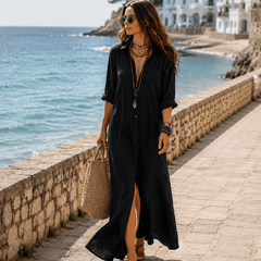 Bohemian Maxi Dress with Black Button-Front Design