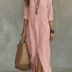 Bohemian Maxi Dress with Black Button-Front Design
