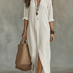 Bohemian Maxi Dress with Black Button-Front Design