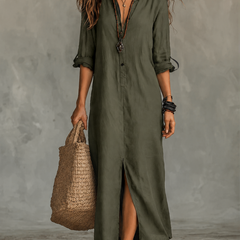 Bohemian Maxi Dress with Black Button-Front Design