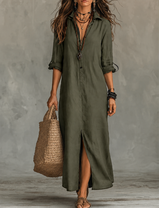 Bohemian Maxi Dress with Black Button-Front Design
