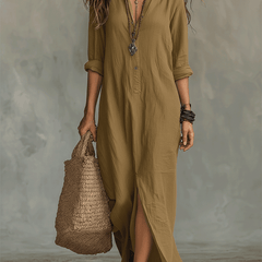Bohemian Maxi Dress with Black Button-Front Design