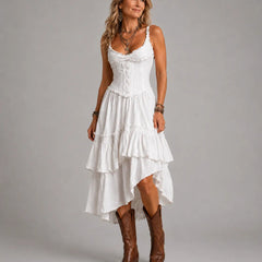 Vintage-Inspired Boho Lace-Trimmed Tiered Midi Corset Dress