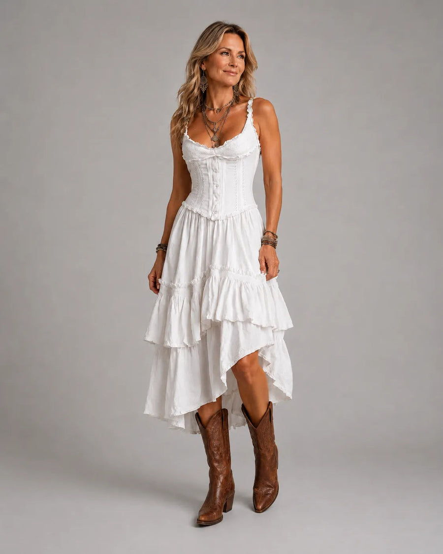 Vintage-Inspired Boho Lace-Trimmed Tiered Midi Corset Dress