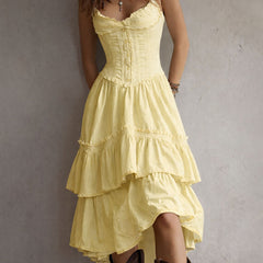 Vintage-Inspired Boho Lace-Trimmed Tiered Midi Corset Dress
