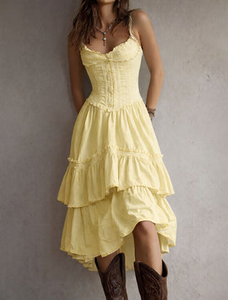 Vintage-Inspired Boho Lace-Trimmed Tiered Midi Corset Dress