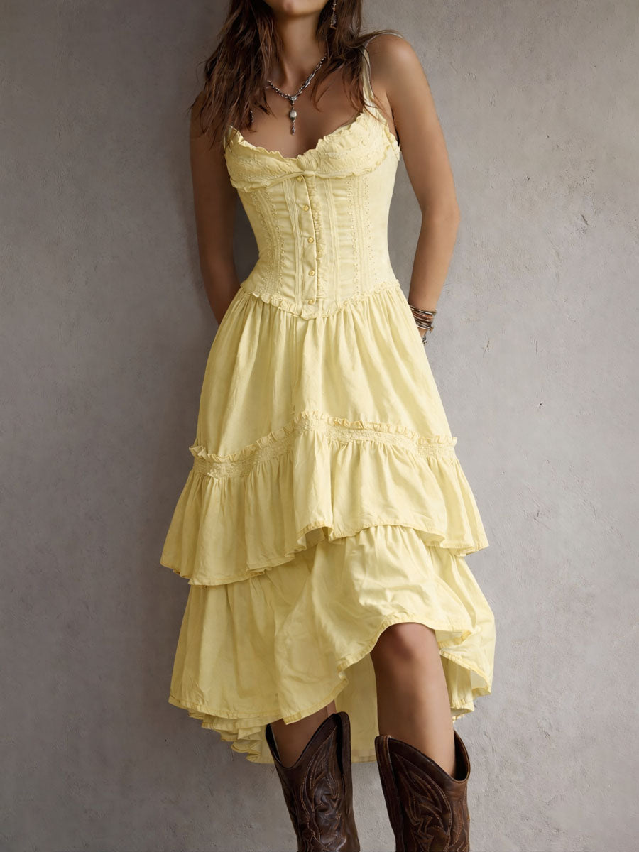 Vintage-Inspired Boho Lace-Trimmed Tiered Midi Corset Dress