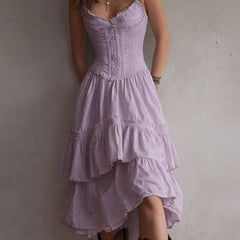 Vintage-Inspired Boho Lace-Trimmed Tiered Midi Corset Dress