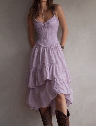 Vintage-Inspired Boho Lace-Trimmed Tiered Midi Corset Dress