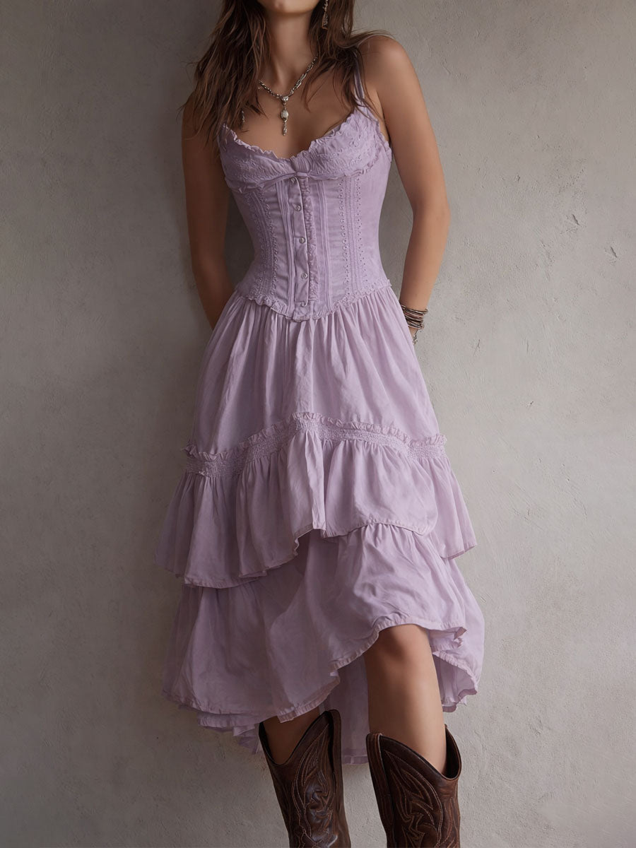 Vintage-Inspired Boho Lace-Trimmed Tiered Midi Corset Dress
