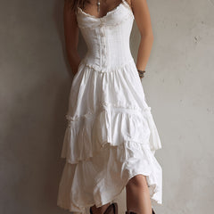 Vintage-Inspired Boho Lace-Trimmed Tiered Midi Corset Dress