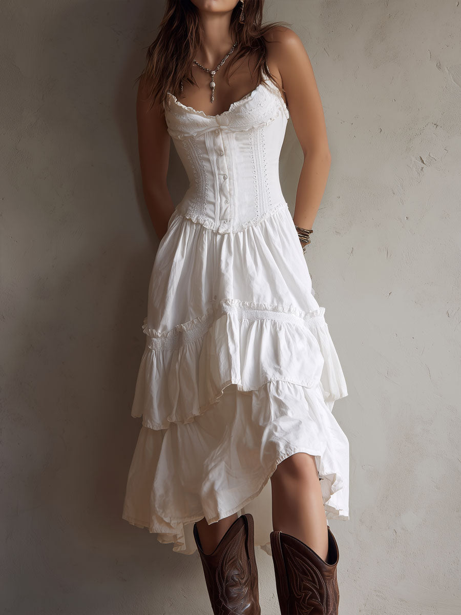 Vintage-Inspired Boho Lace-Trimmed Tiered Midi Corset Dress