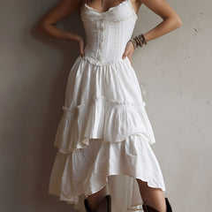 Vintage-Inspired Boho Lace-Trimmed Tiered Midi Corset Dress