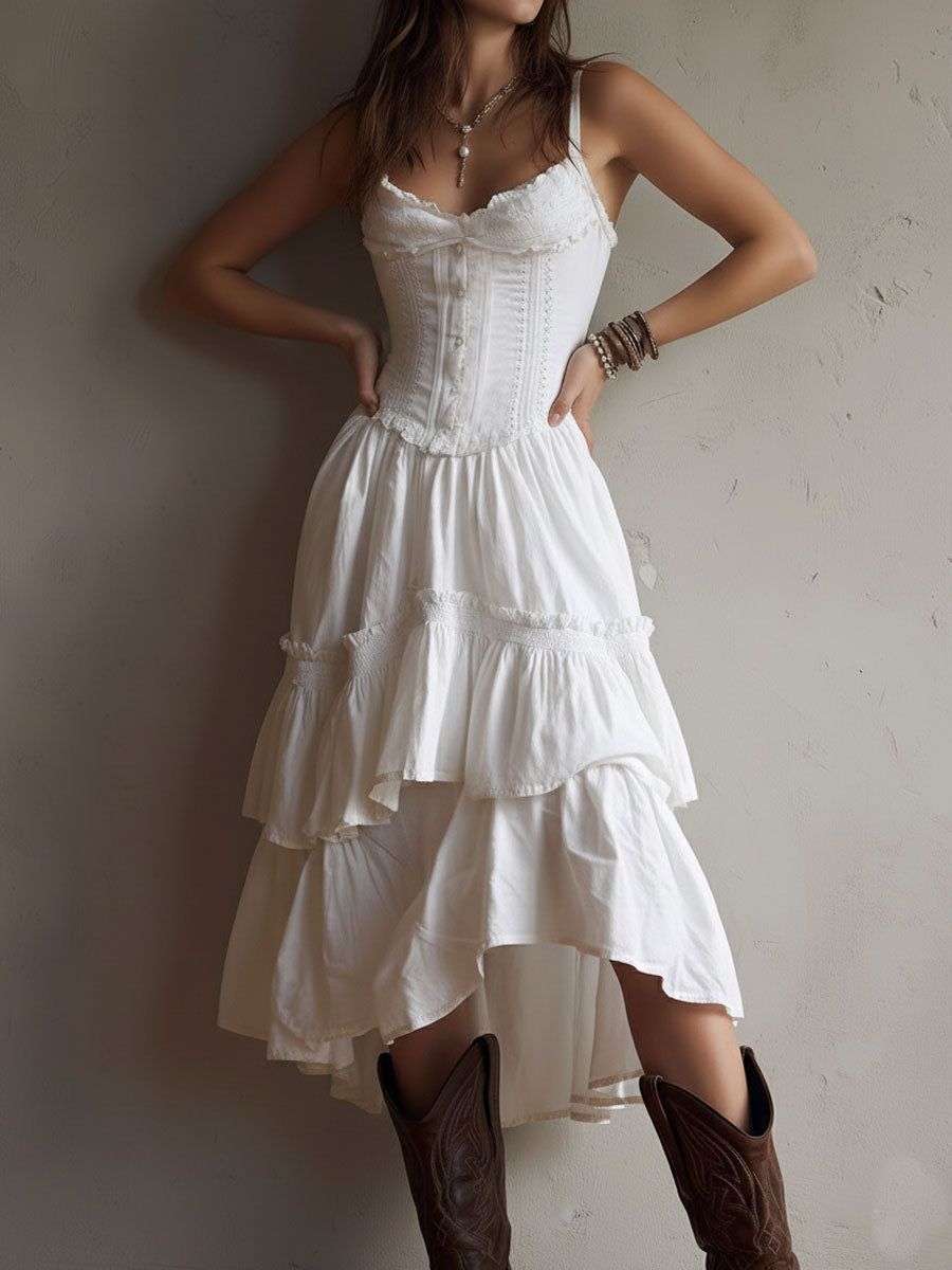 Vintage-Inspired Boho Lace-Trimmed Tiered Midi Corset Dress