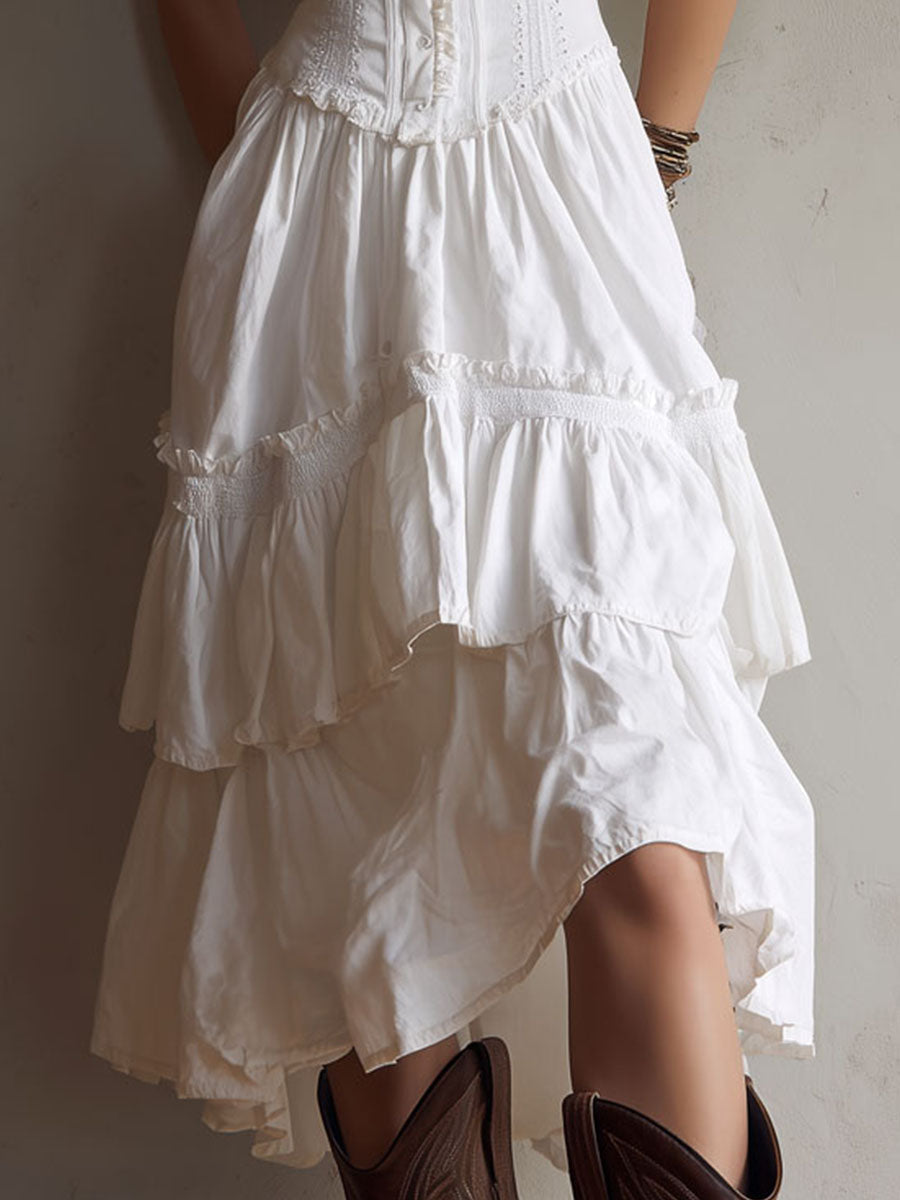 Vintage-Inspired Boho Lace-Trimmed Tiered Midi Corset Dress