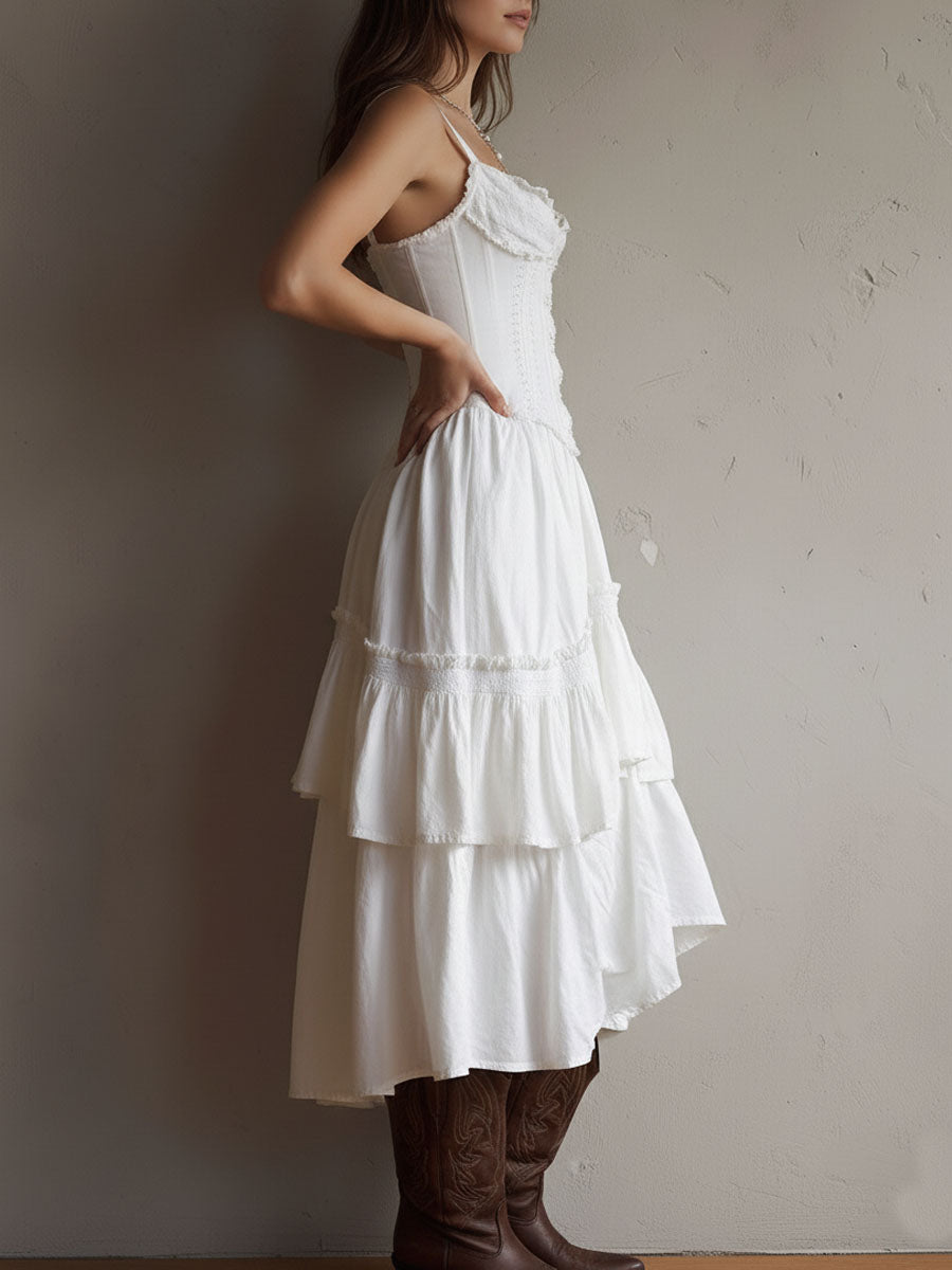 Vintage-Inspired Boho Lace-Trimmed Tiered Midi Corset Dress