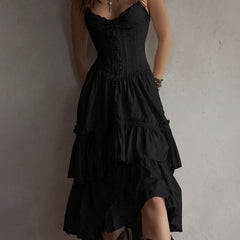 Vintage-Inspired Boho Lace-Trimmed Tiered Midi Corset Dress