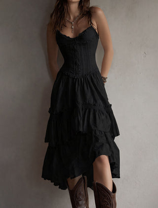 Vintage-Inspired Boho Lace-Trimmed Tiered Midi Corset Dress