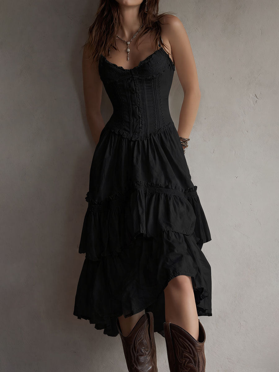 Vintage-Inspired Boho Lace-Trimmed Tiered Midi Corset Dress