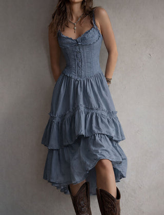 Vintage-Inspired Boho Lace-Trimmed Tiered Midi Corset Dress