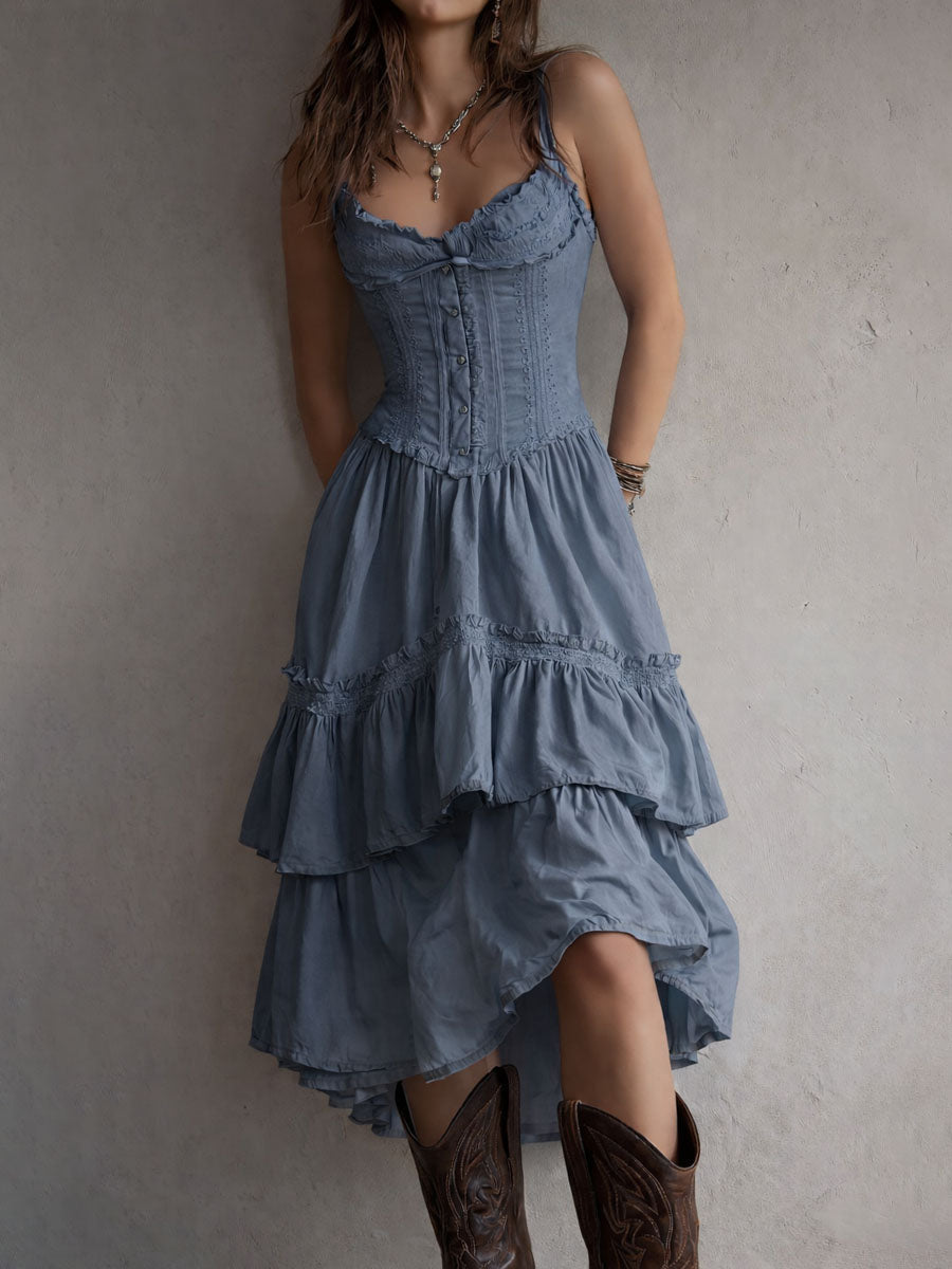 Vintage-Inspired Boho Lace-Trimmed Tiered Midi Corset Dress