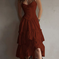 Vintage-Inspired Boho Lace-Trimmed Tiered Midi Corset Dress
