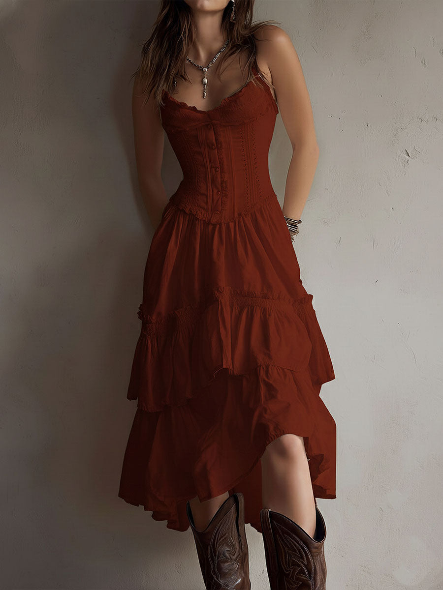 Vintage-Inspired Boho Lace-Trimmed Tiered Midi Corset Dress