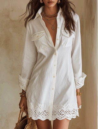 White Mini Dress with Bohemian Eyelet Hem for Resort Wear