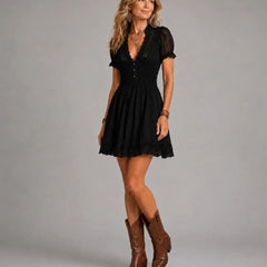 Timeless Muse Smocked Lace-Trim Black Mini Dress