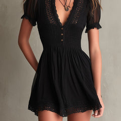 Timeless Muse Smocked Lace-Trim Black Mini Dress