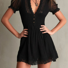 Timeless Muse Smocked Lace-Trim Black Mini Dress