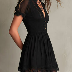 Timeless Muse Smocked Lace-Trim Black Mini Dress