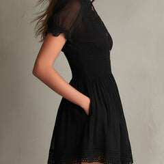 Timeless Muse Smocked Lace-Trim Black Mini Dress