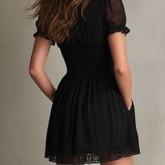 Timeless Muse Smocked Lace-Trim Black Mini Dress