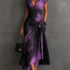 Elisa | Midi Wrap Dress in Abstract Print, Purple