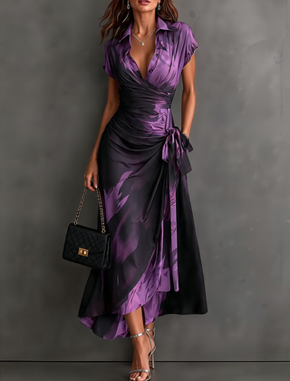 Elisa | Midi Wrap Dress in Abstract Print, Purple